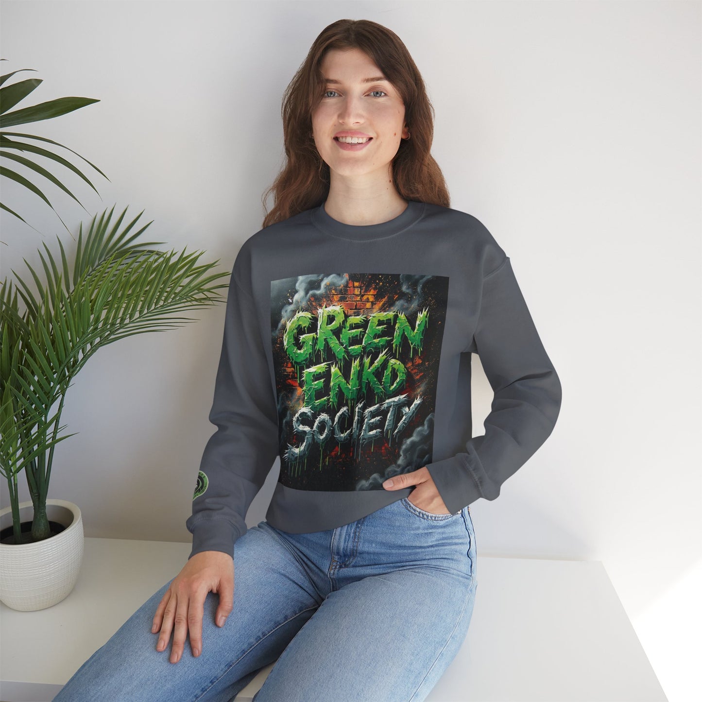 Green Enkd Society Heavy Metal Sweatshirt, Unisex Crewneck Sweatshirt, Graphic Pullover, Cozy Layer, Streetwear Fashion, Gift for Gamers