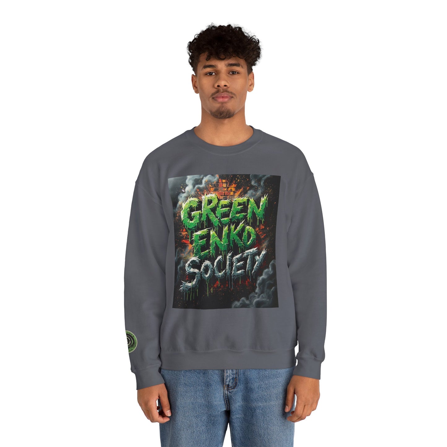 Green Enkd Society Heavy Metal Sweatshirt, Unisex Crewneck Sweatshirt, Graphic Pullover, Cozy Layer, Streetwear Fashion, Gift for Gamers