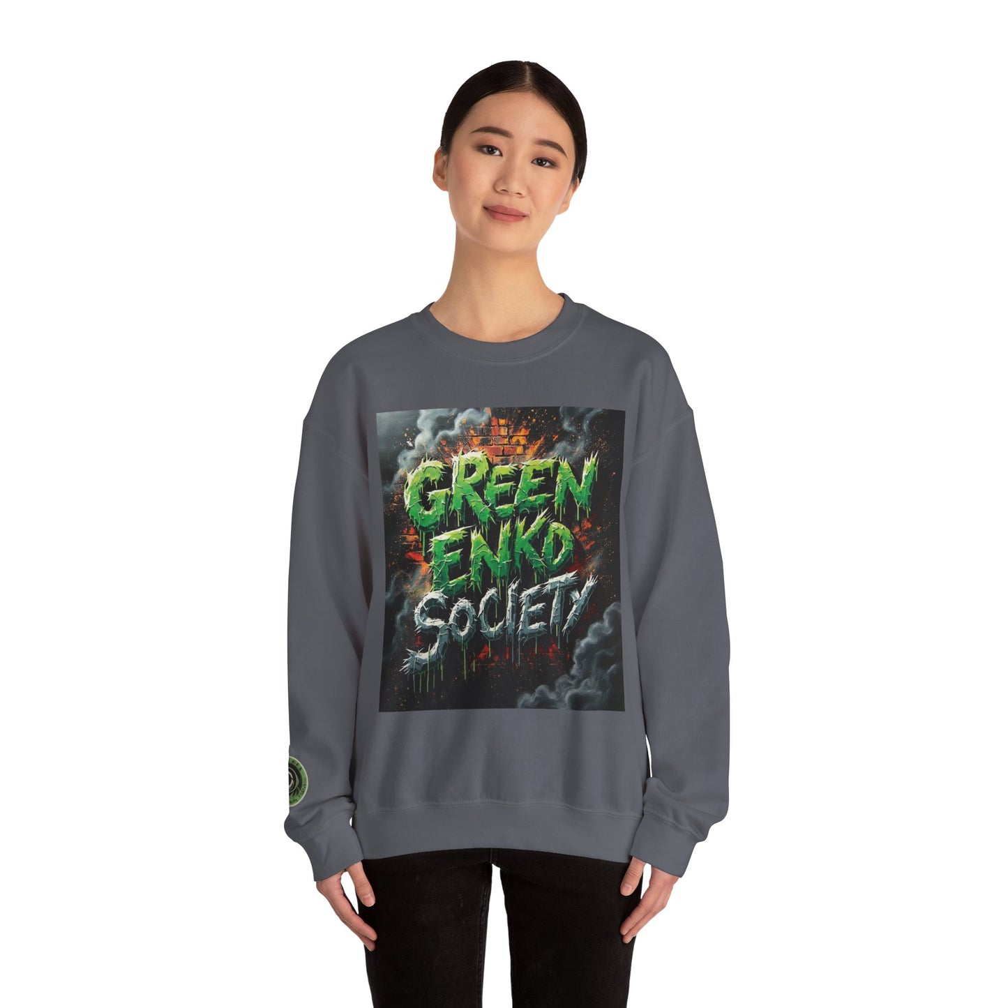 Green Enkd Society Heavy Metal Sweatshirt, Unisex Crewneck Sweatshirt, Graphic Pullover, Cozy Layer, Streetwear Fashion, Gift for Gamers