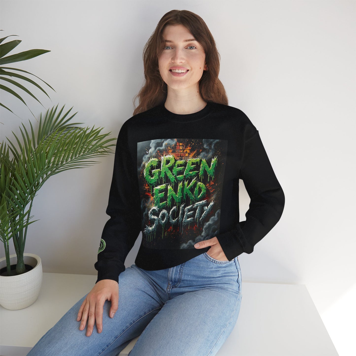 Green Enkd Society Heavy Metal Sweatshirt, Unisex Crewneck Sweatshirt, Graphic Pullover, Cozy Layer, Streetwear Fashion, Gift for Gamers
