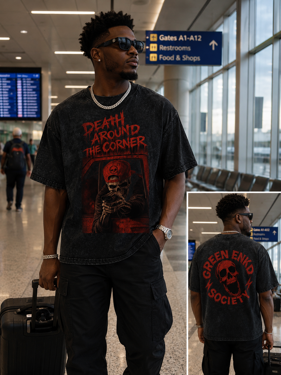 Green Enkd Society “Death Around The Corner” Snow Washed Oversized Tee The Rickey
