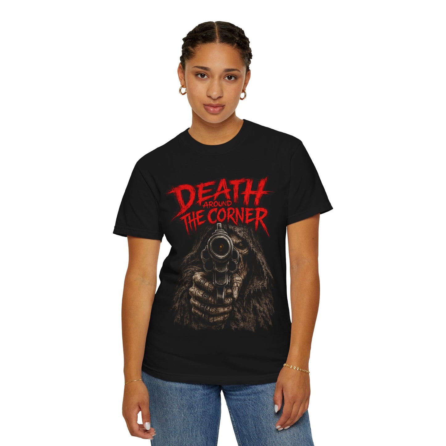 Death Around the Corner Skull Tee — Green Enkd Society Gothic Graphic T-Shirt