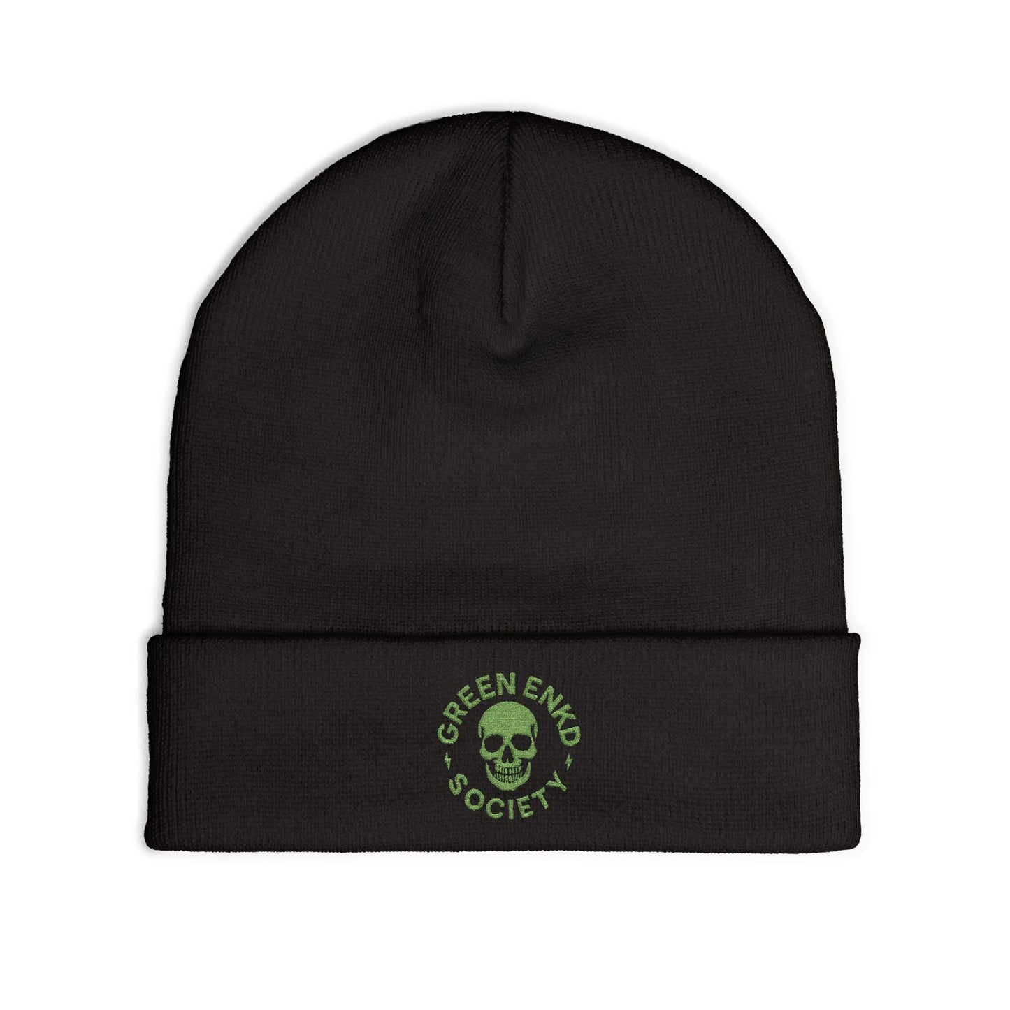 Green Enkd Society Knit Beanie — Embroidered Skully Cap