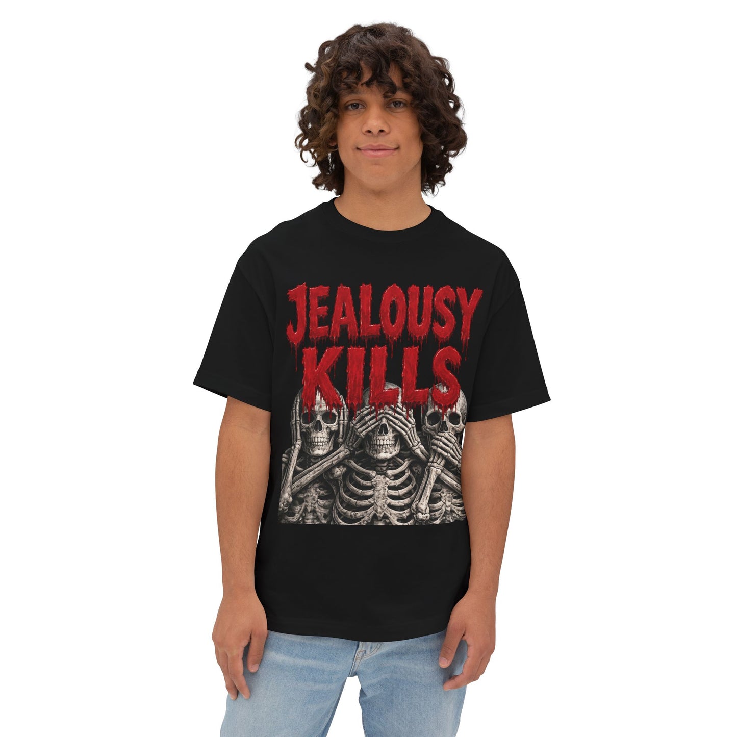Jealousy Kills Tee See No Hear No Speak No— Gothic Skull Graphic Boxy T‑Shirt