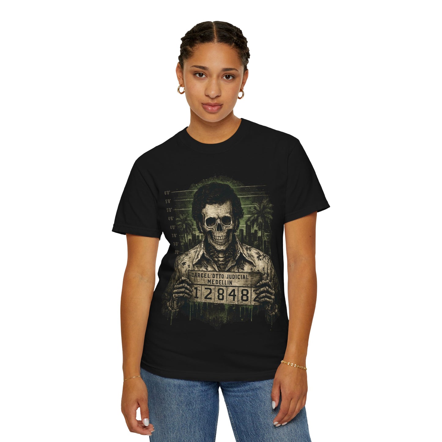 El Jefe: Medellín Skeleton Mugshot Tee by Green Enkd Society