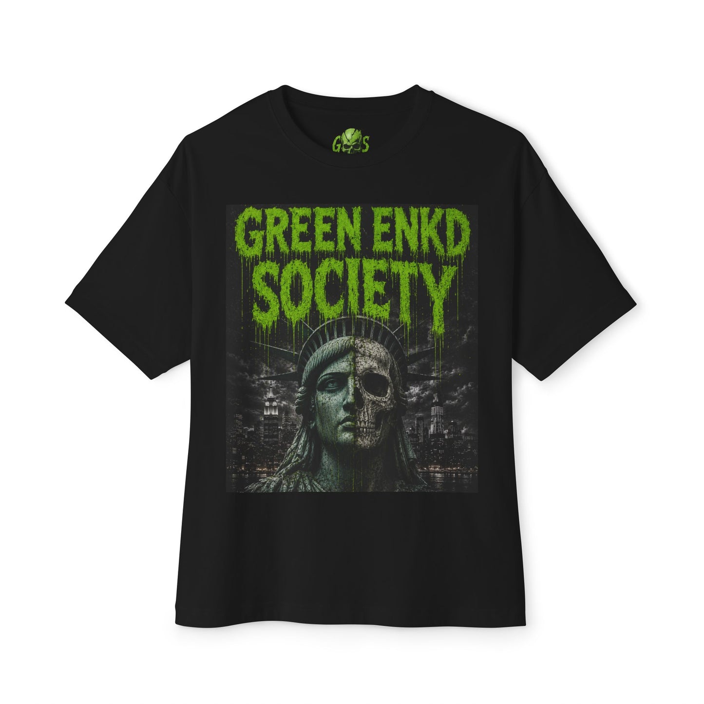 Green Enkd Society Liberty Reaper Tee – Gritty Skeleton Statue of Liberty Streetwear Shirt