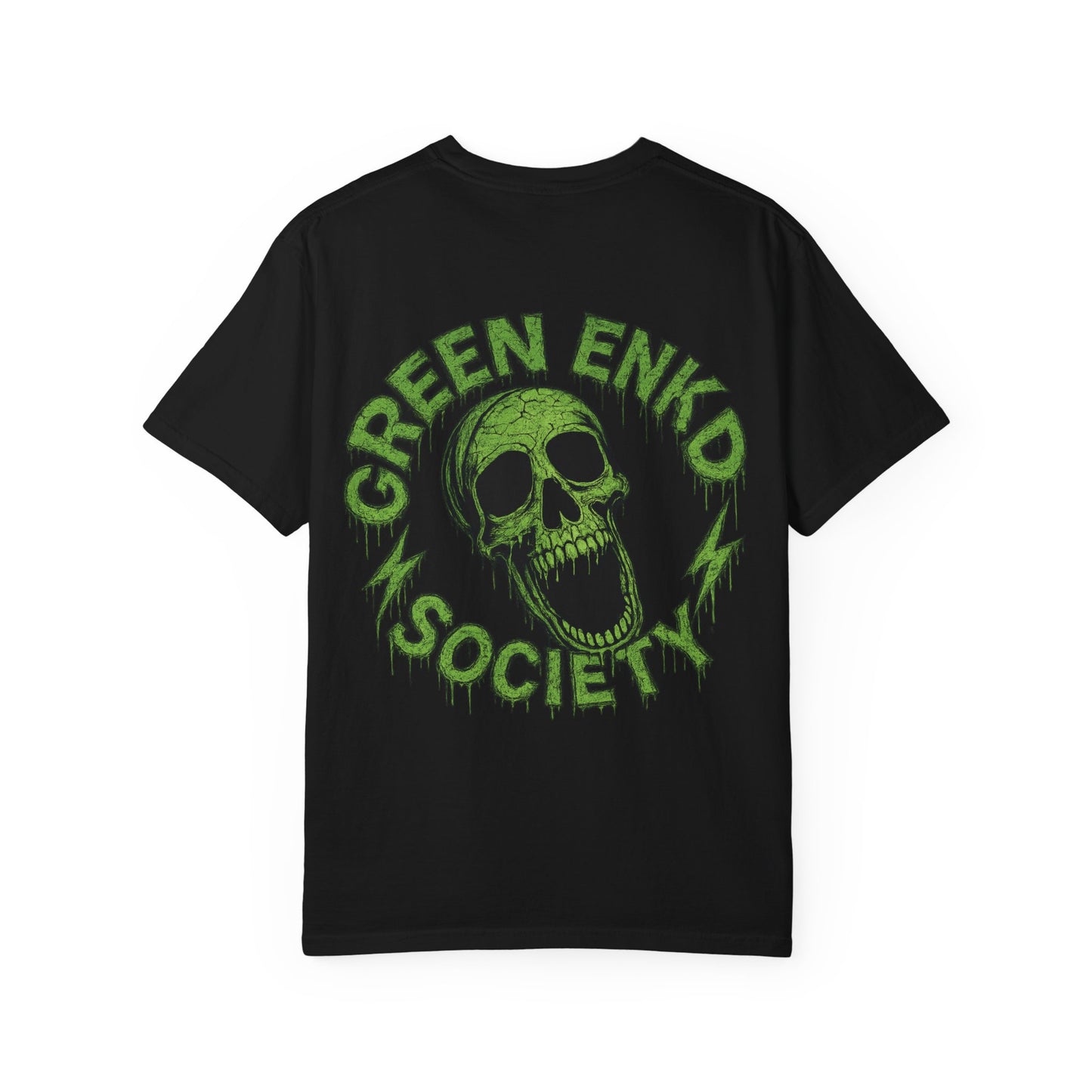 Green Enkd Society Skull T-Shirt — Infamous Wizzardry 3 Horror Comic Tee