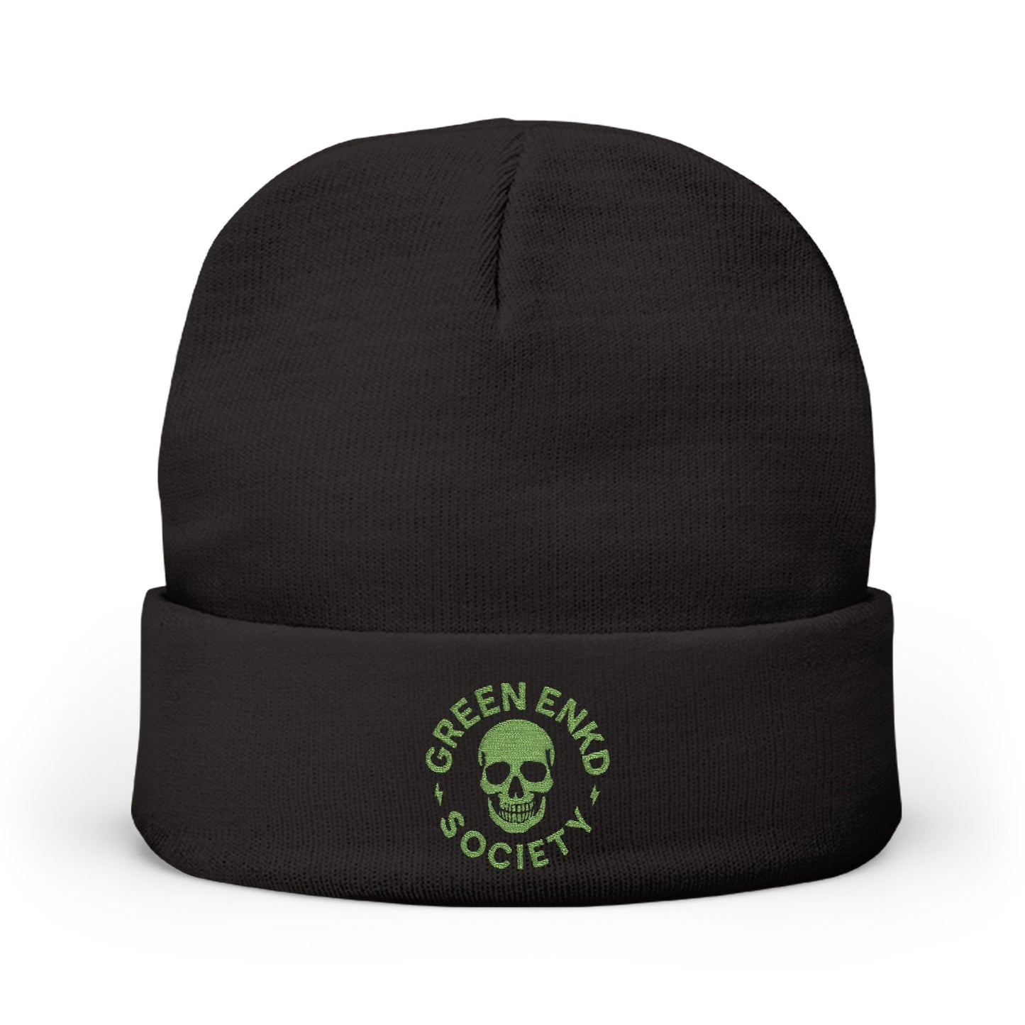 Green Enkd Society Knit Beanie — Embroidered Skully Cap