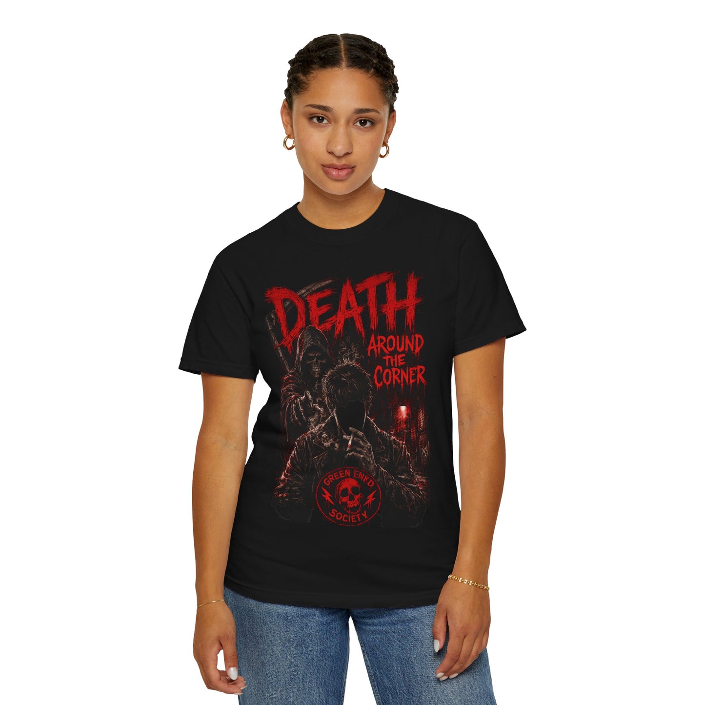Green Enkd Society “Death Around The Corner” Grim Reaper Horror Tee