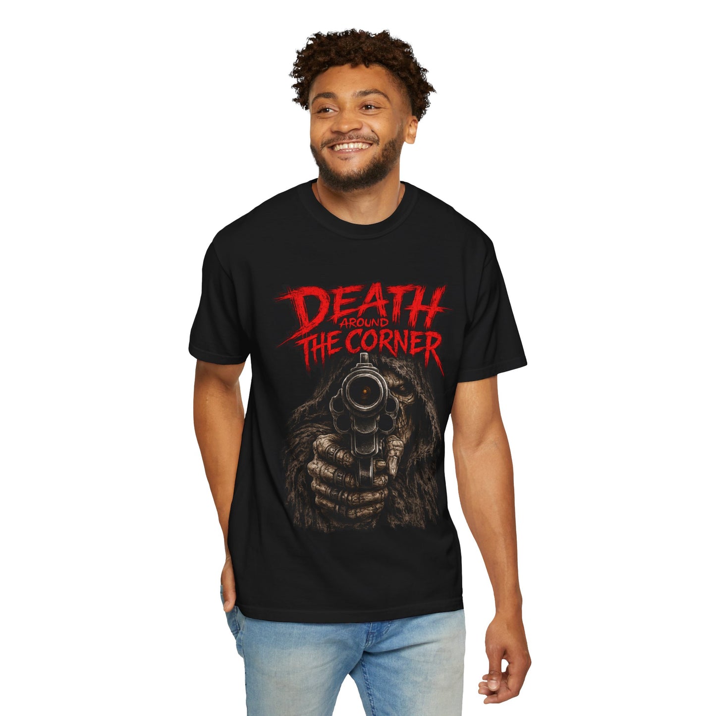 Death Around the Corner Skull Tee — Green Enkd Society Gothic Graphic T-Shirt