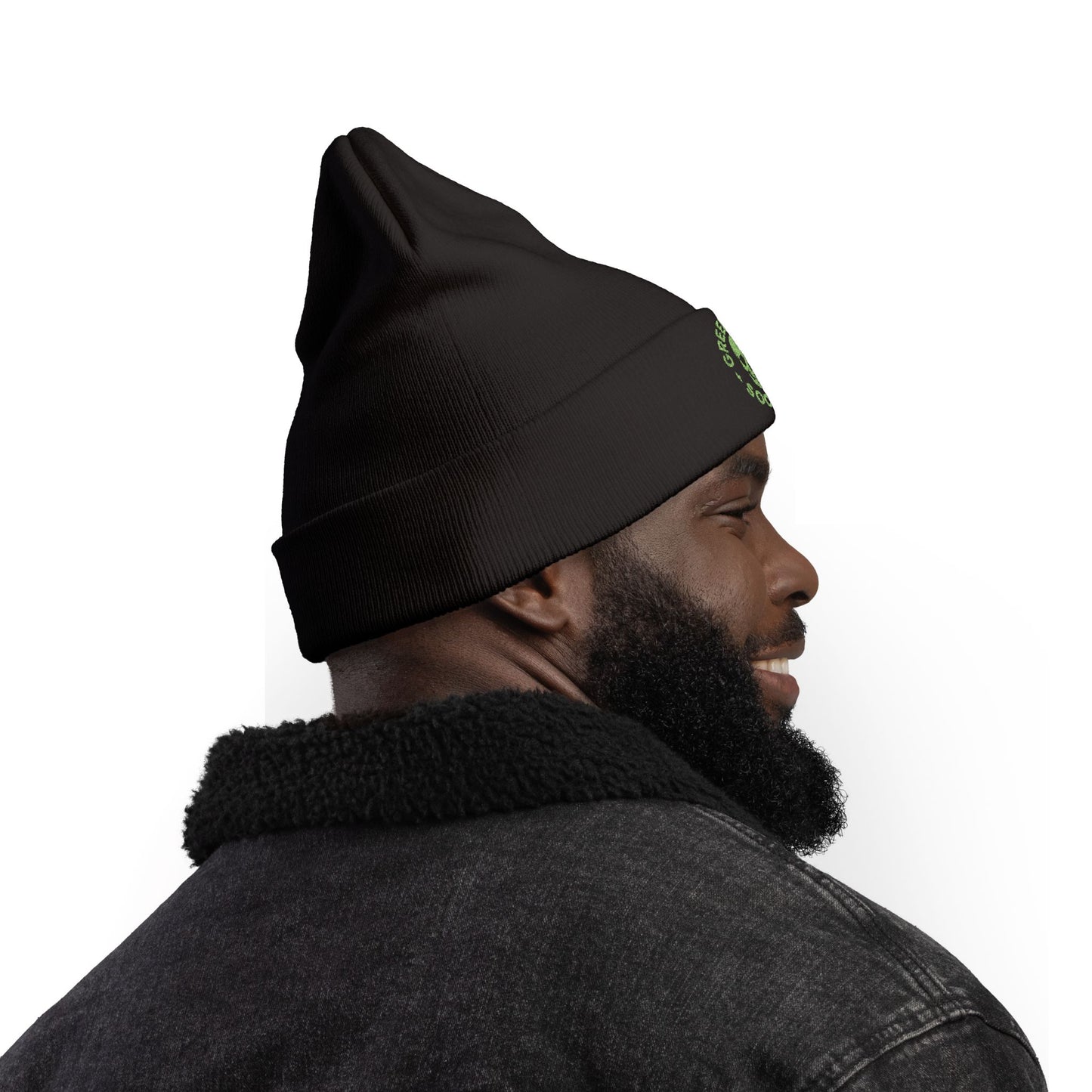 Green Enkd Society Knit Beanie — Embroidered Skully Cap