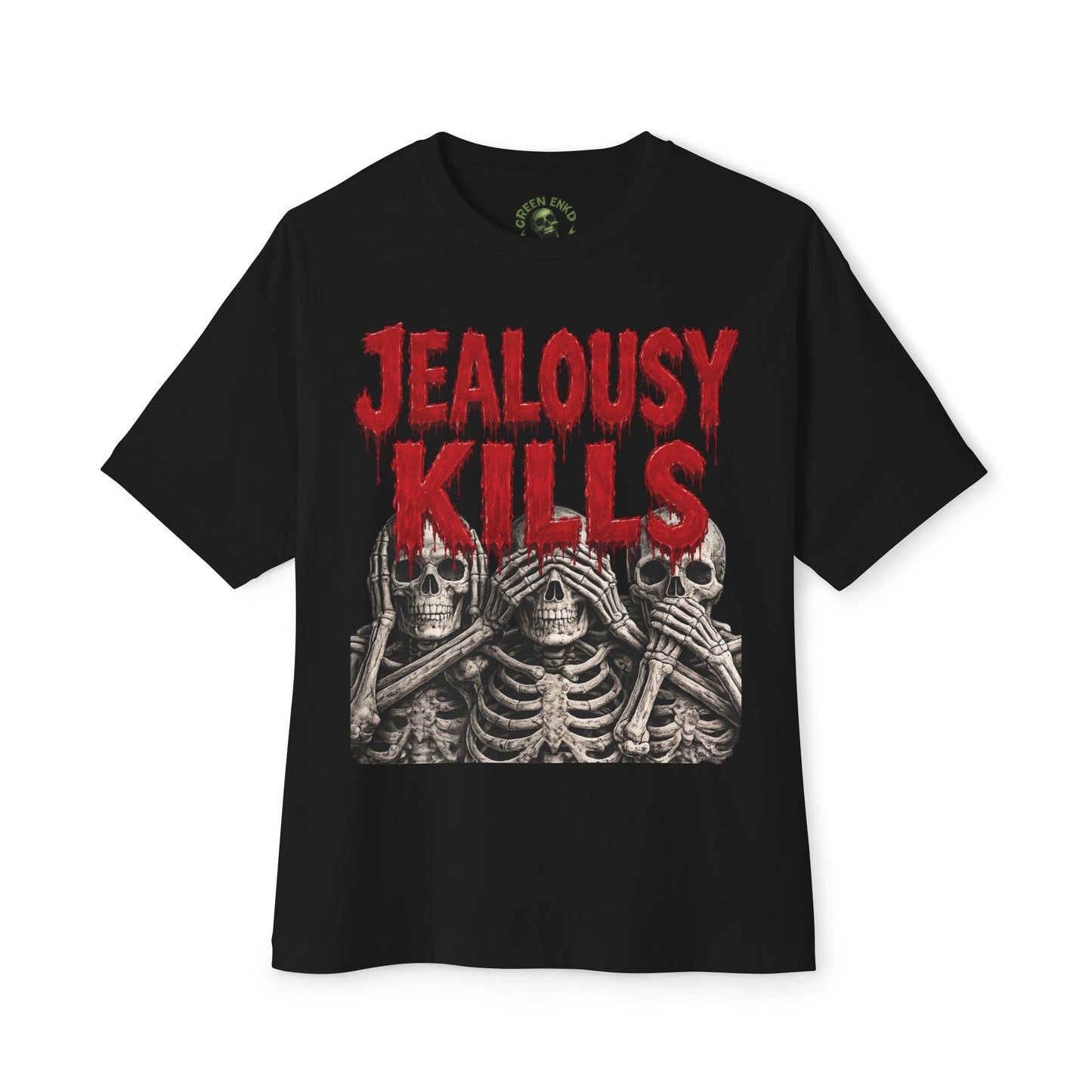 Jealousy Kills Tee See No Hear No Speak No— Gothic Skull Graphic Boxy T‑Shirt