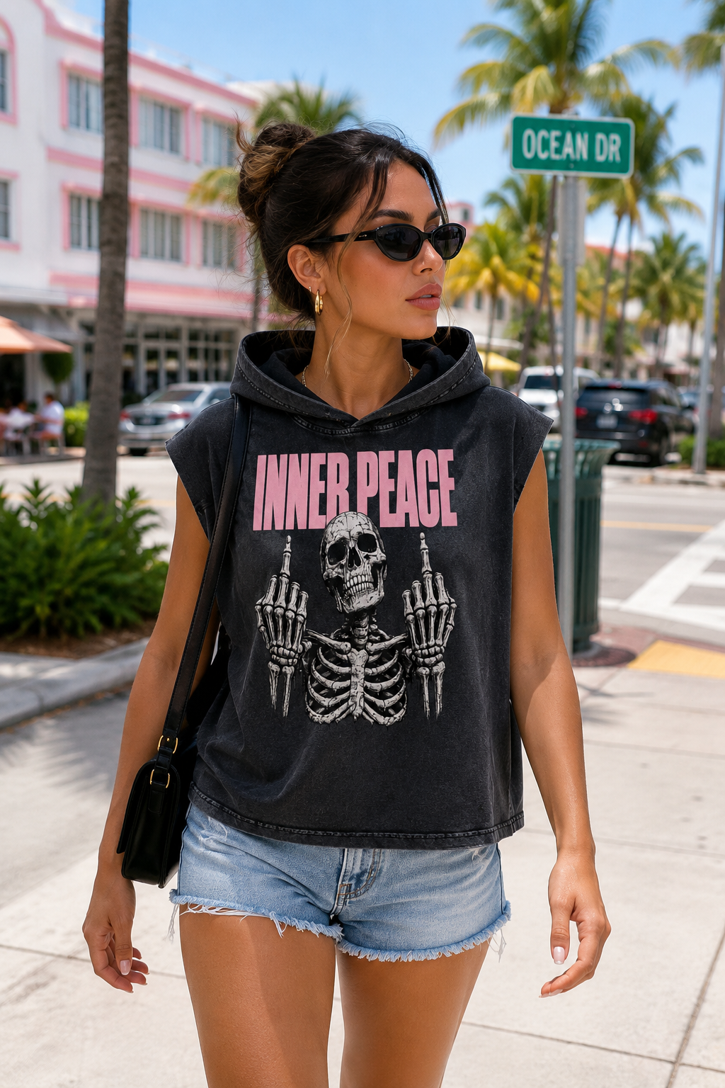 Green Enkd Society “Inner Peace” Snow Washed Boxy Hooded Tank
