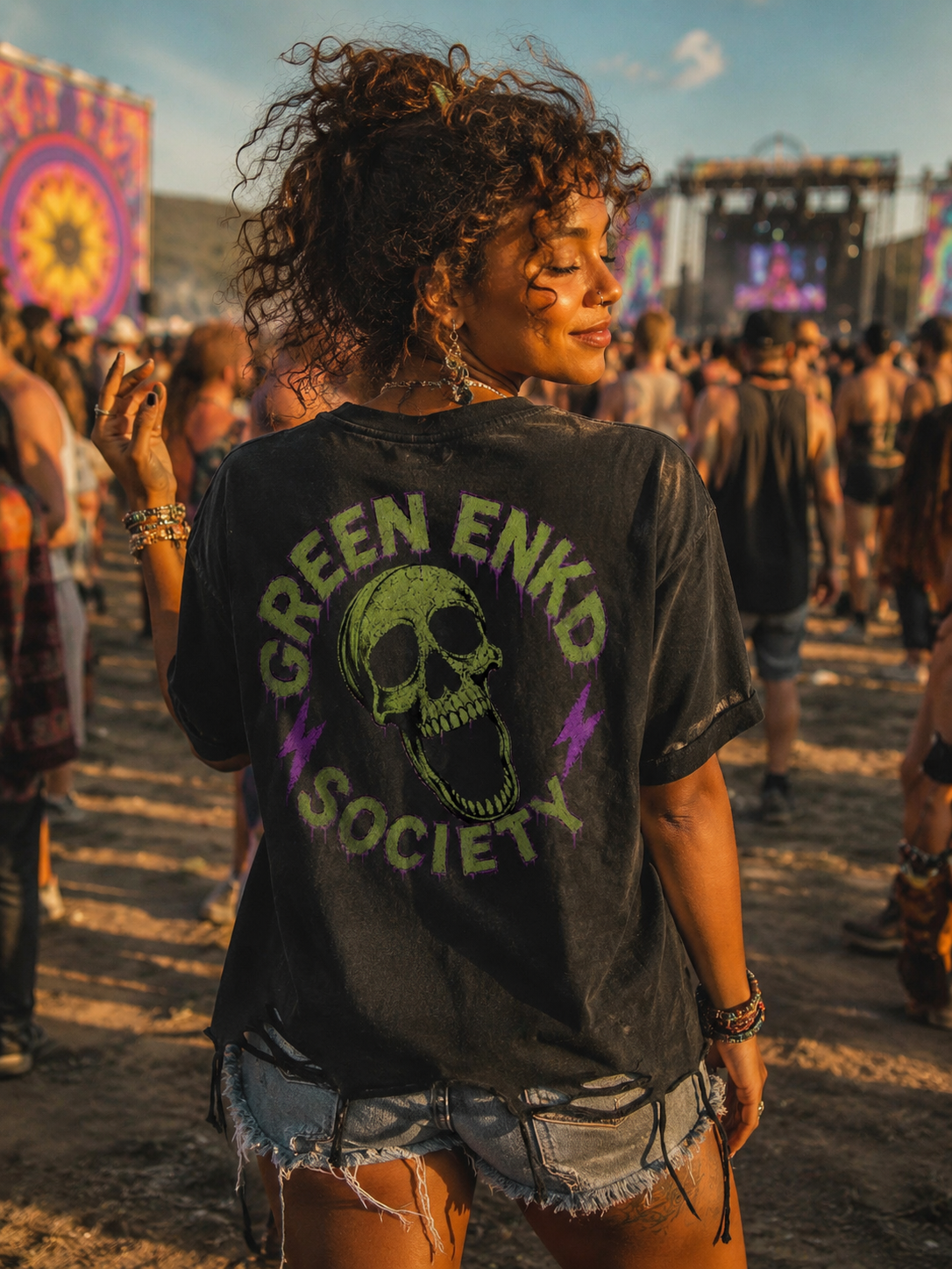 Green Enkd Society “Electric Voodoo Reaper” Snow Washed Raw-Hem Tee