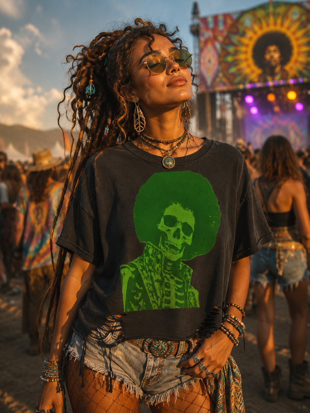 Green Enkd Society “Electric Voodoo Reaper” Snow Washed Raw-Hem Tee