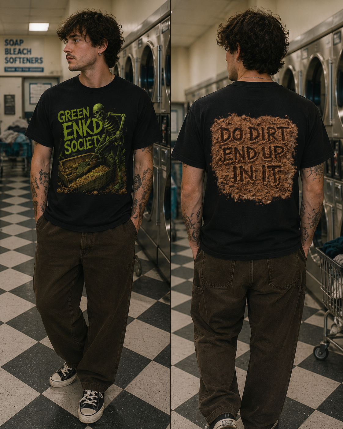 Green Enkd Society “Do Dirt End Up In It” Skeleton Grave Tee