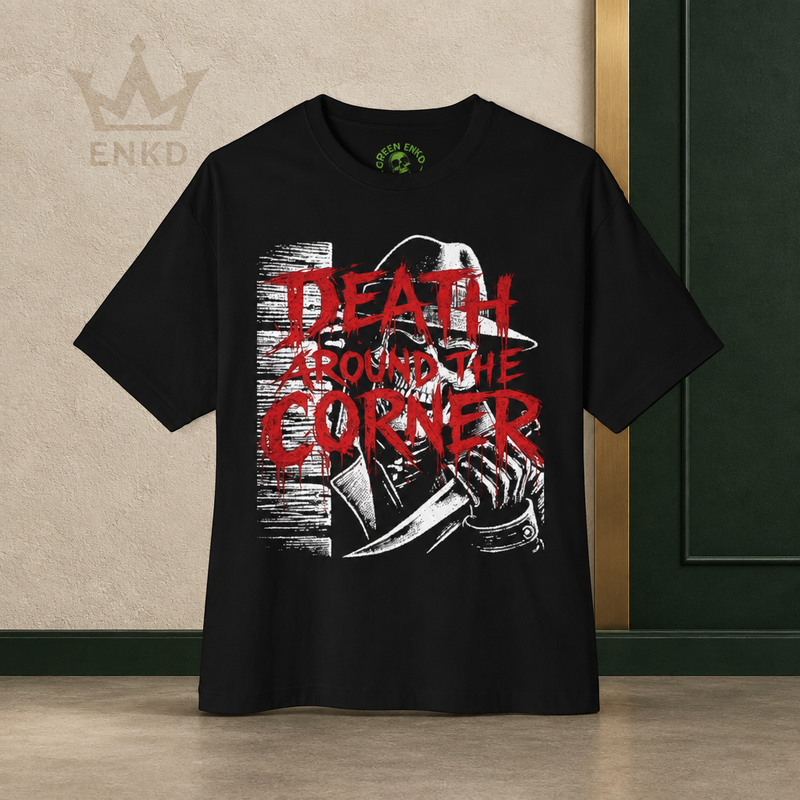 Death Around the Corner Final Turn Tee — Green ENKD Society editorial product image