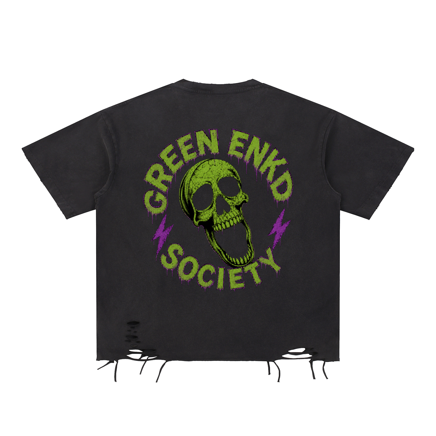 Green Enkd Society “Electric Voodoo Reaper” Snow Washed Raw-Hem Tee