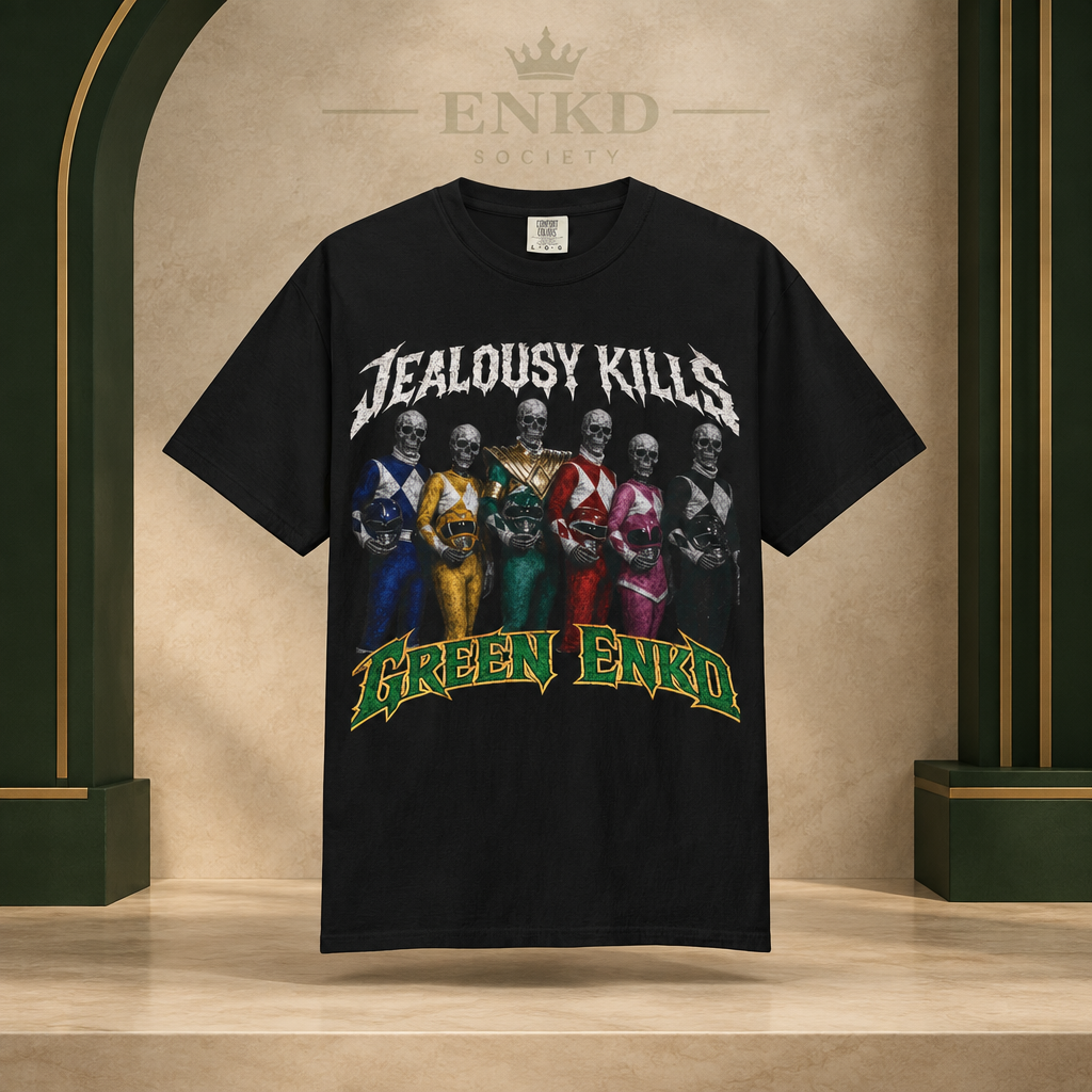 Jealousy Kills Band Skull Tee — Green ENKD Society editorial product image