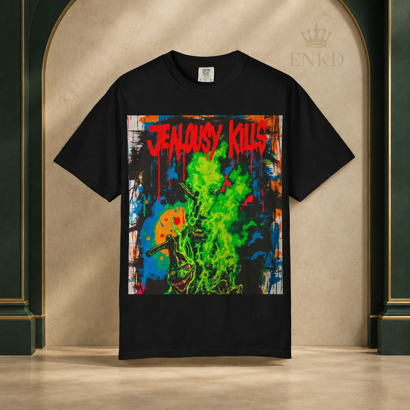 Jealousy Kills Gothic Tee — Green ENKD Society editorial product image