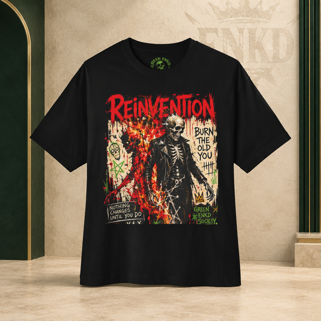 Reinvention Burn the Old You Tee — Green ENKD Society editorial product image