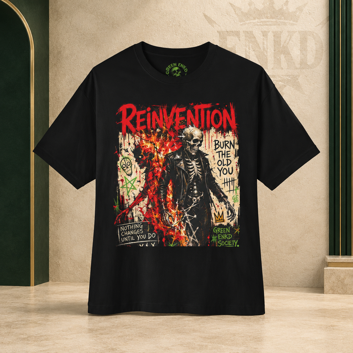 Reinvention Burn the Old You Tee — Green ENKD Society editorial product image